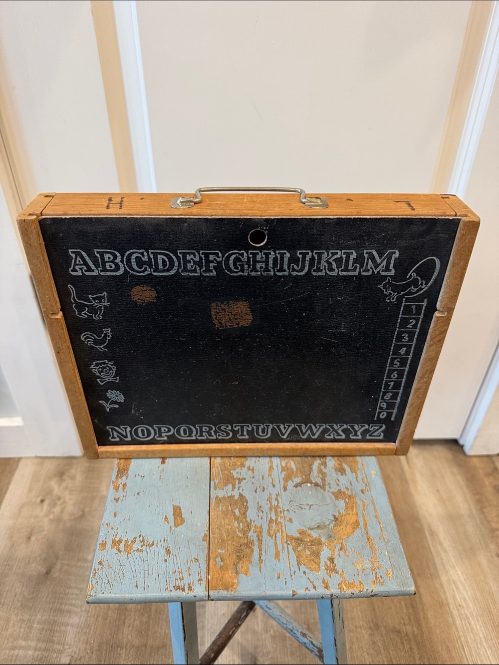 Vintage Child's School Chalkboard Wooden Pegboard Box Case ABC's Alphabet Toy